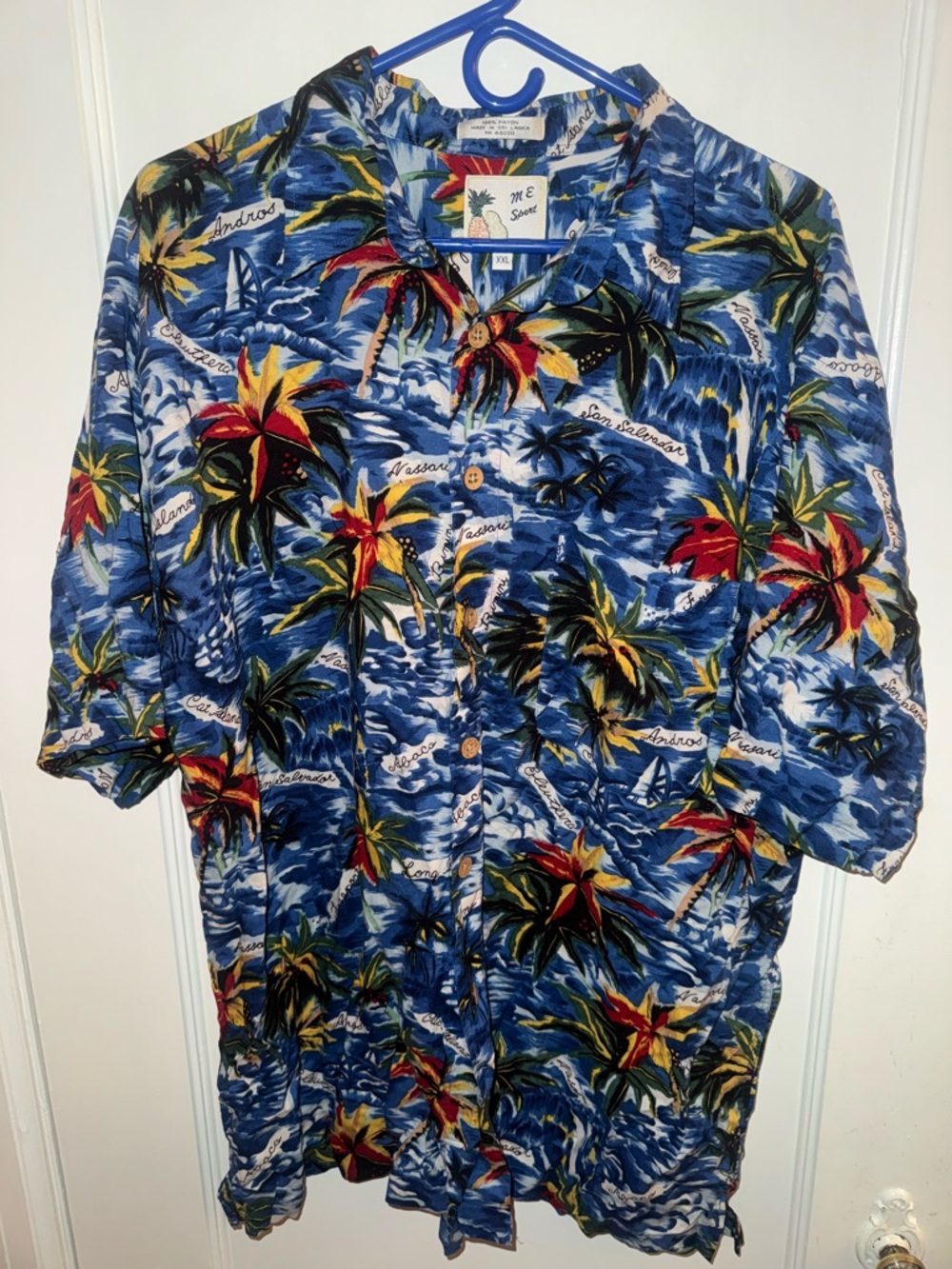 Blue Tropical Print Short-Sleeve Button-Down Shirt